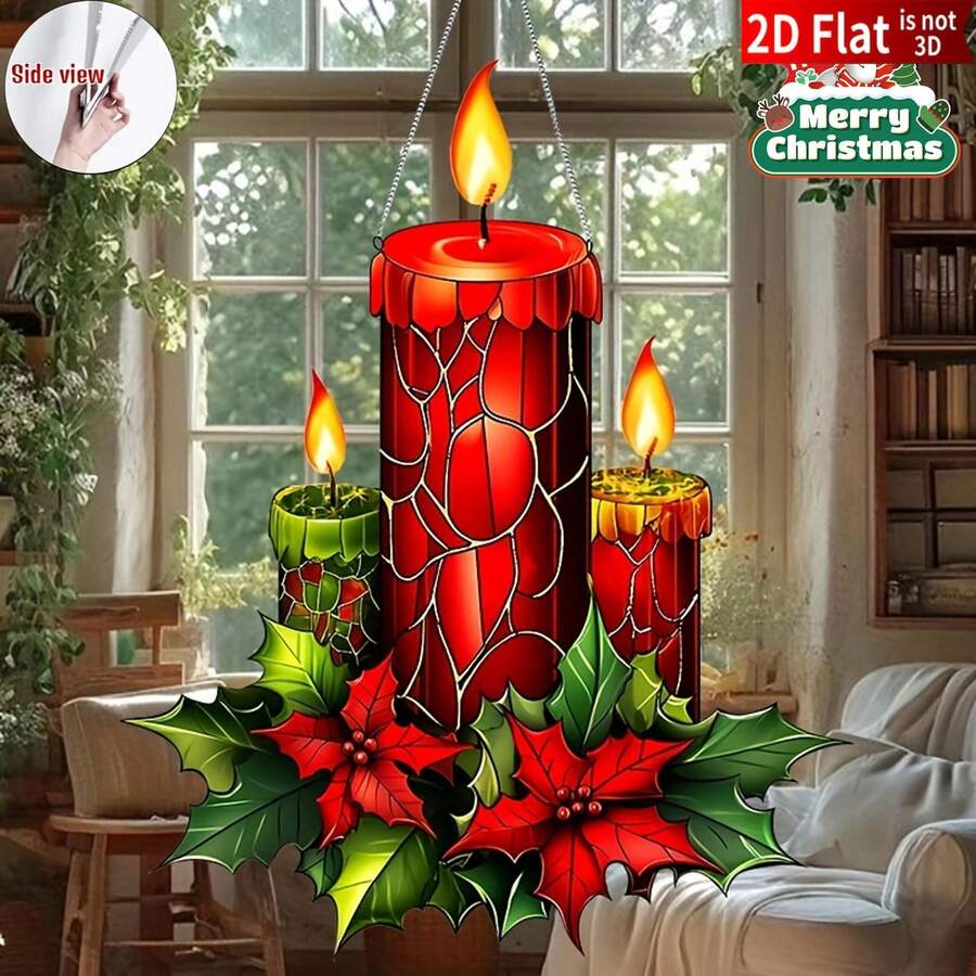 2D Flat, 1pc Christmas Candle Acrylic Dream Catcher, Suitable For Home Decor, Centerpiece, Window And Wall Decoration, Christmas Holiday Decoration - A - View 1