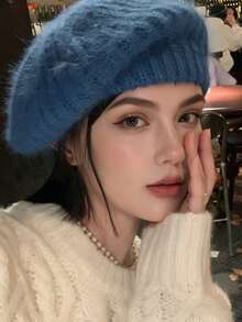 女款新款針織貝雷帽，秋冬韓系大廓形設計，顯頭小修飾臉型提亮膚色，日系日常保暖毛帽 - 多色 - 查看 6