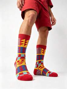 1/5 Pairs Vintage Assorted Jacquard Mid-Calf Socks, Geometric Plaid & Math Symbol Streetwear Socks For Men - Multicolor - View 2