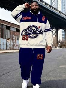 Men's Street Casual Minimalist Series "California State & No.23" Plus Size Hoodie Sweatshirt Set Spring Autumn Winter Sports 2-Piece Set - Ins Style Loose Fit Plus Size Comfortable Relaxed Hoodie + Jogger Sweatpants Street Hip-Hop Versatile - Royal Blue - View 3
