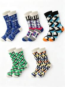 5 Pairs Unisex Mid-Calf Socks With Mathematical Formula And Geometric Color-Block Jacquard Design, Back To School Campus Outfit, Casual Party, Autumn/Winter Daily Wear, Gift Socks.Autumn Socks - Multicolor - View 7