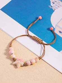1pc Cute Pink Gradient Starfish Woven Bracelet, Fresh & Gentle Style Adjustable Drawstring Beaded Hand Accessory, Beach Accessory - A - View 3