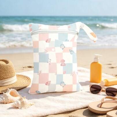 Bolsa de almacenamiento impermeable con estampado de concha y estrella de mar en color macaron a cuadros, bolsa portátil de separación seca y húmeda, bolsa de almacenamiento reutilizable para playa y viajes