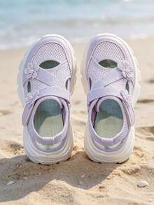 2026 Summer Girls' Breathable Mesh Closed-Toe Sports Sandals, Floral Decor Strappy Non-Slip Sole Children's Sports Sandals, Suitable For Beach, Daily, Outdoor, School - Purple - View 1