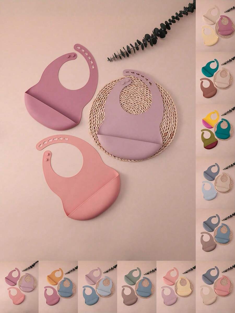 PopLittleOne Set 3 Buah Celemek Bayi Silikon, Celemek Anti-Makanan yang Dapat Diatur, Mudah Dibersihkan untuk Makanan Sehari-hari Bayi, Perlengkapan Makan untuk Latihan Makan Mandiri, Aksesoris Peralatan Makan Bayi. - MultiWarna - View 1