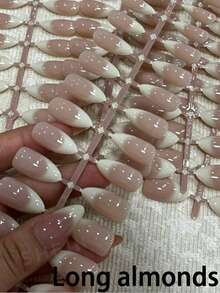 Long Almond White Gradient Nail Tips, Simple French Nail Design, Long Almond False Nail Set, Includes: 1 Jelly Glue And 1 Nail File - Multicolor - View 1