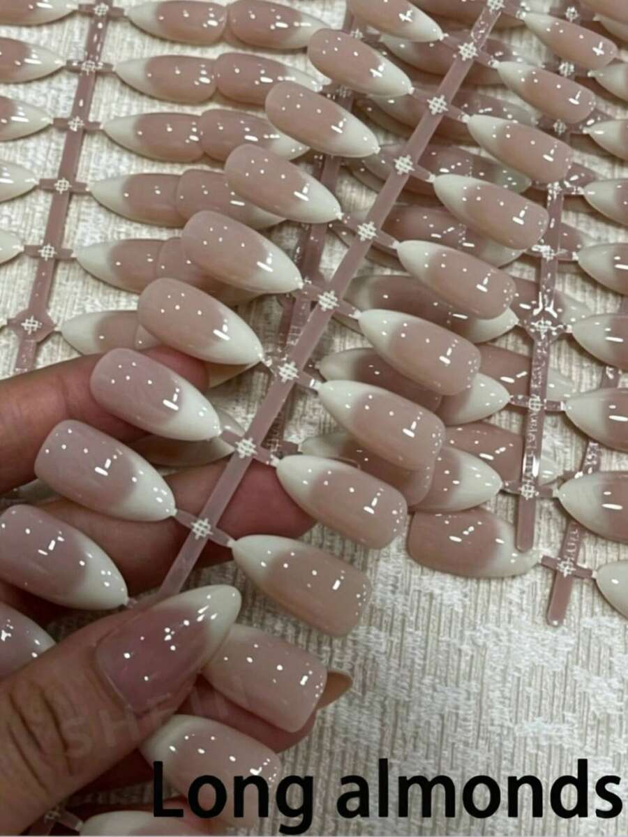 Long Almond White Gradient Nail Tips, Simple French Nail Design, Long Almond False Nail Set, Includes: 1 Jelly Glue And 1 Nail File - Multicolor - View 1