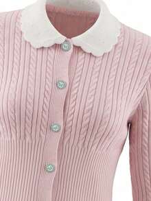 Korean Style INS Girl Peter Pan Collar Soft Knit Cardigan Women Spring Autumn Slim Fit Flattering Versatile Short Sweater - Pink - View 8