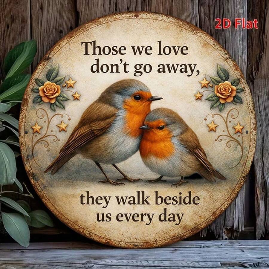 1pc 2D Flat Round Sign, Vintage Plaque With "Robin" Design, "Missing Loved Ones, Never Separated" Decorative Sign, Suitable For "Living Room, Bedroom, Study" Decoration Or Gift (Random Hole Position) - A - View 1