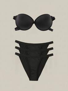 Bralution Multi-Pack Black Comfy Balconette Bra & Panties Set,Underwire Molded Cup,1/2 Cup Lift & Cleavage,Strapless Invisible Non-Slip Women's Lingerie - Black - View 34