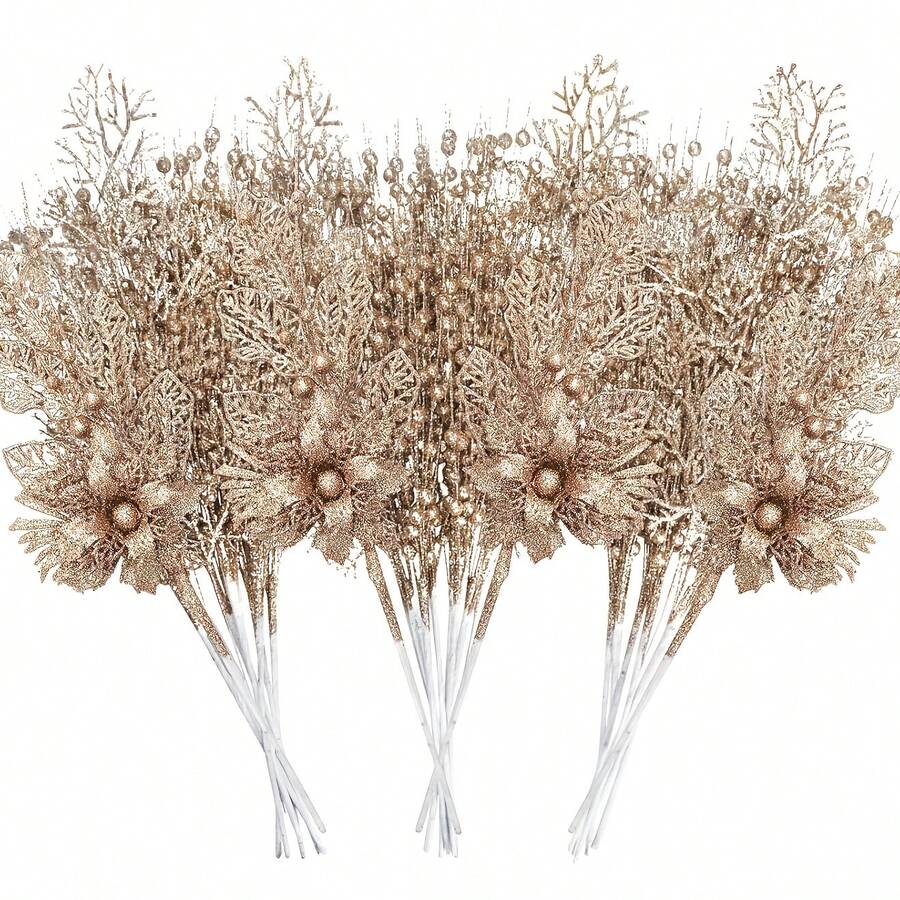 8 piezas de tallos de bayas con purpurina de champán, flores artificiales versátiles para decoración del hogar, oficina & festividades | Perfecto para Navidad, bodas & fiestas, decoración de árboles, jarrones pequeños, regalos, decoración navideña - Champán - Ver 1