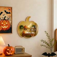 1pc Pumpkin Wooden Frame Acrylic Mirror Wall Sticker, Gold & Silver Dual-Color Self-Adhesive Halloween Decorative Mirror Decal, Suitable For Home Bathroom Bedroom Wall Decor - 1PC - View 3
