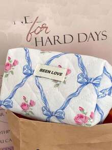 Sweet Pink Rose Blue Bow Lattice Pattern Quilted Cosmetic Bag, Portable Handheld Large Capacity Travel Makeup Organizer, Fashion Zipper Toiletry Storage Bag For Daily Trip Vacation - Multicolor - View 6