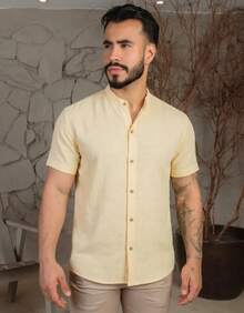Men's Premium Short-Sleeve Shirt, Lightweight Fabric, Easy To Iron,  For Summer And Beach, Linen Look - - Butter Yellow - View 1