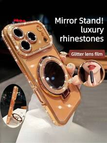 Apple 17/17 Pro Max Phone Case Luxury Rhinestone Sequin Kickstand Phone Case - Apple 15 Pro Max Phone Case With Sequin And Makeup Mirror Ring Kickstand High Quality Shockproof Frame Back Shell Suitable For IPhone 17/16/15/14/13/12/11/Max/Pro/Plus Rhinestone Lens Protection Electroplated Anti-Drop Phone Case Suitable For Women Spring Gift Party Birthday Gift - Orange - View 4