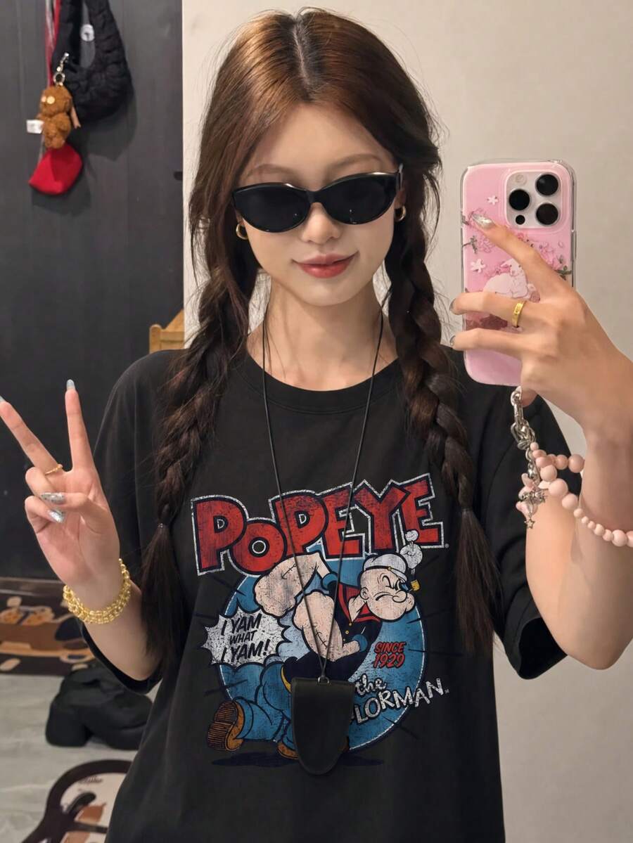 Y2K 女款夏季新款休閒寬鬆字母與卡通角色印花短袖T恤上衣 黑色 - 黑色 - 查看 1