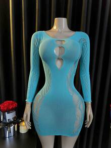Plus Size Women's Cutout Design Long Sleeve Sexy Lingerie Dress - Mint Blue - View 3