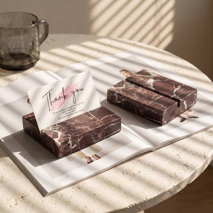 1pc Natural Marble Business Card Holder, Multifunctional Photo Clip & Memo Holder, Heavy Stone Desktop Decor Craft - View 1