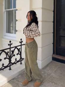 Women's Light Khaki Plaid Short Jacket, Stand Collar, Metal Buttons, Autumn Fashion Casual Loose Fit - Khaki - View 3