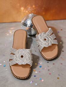 1 Pair Elegant Floral Rhinestone Decor Flat Slippers - Women's Open Toe Lightweight Summer Vacation Beach Sandals - Beige - View 4