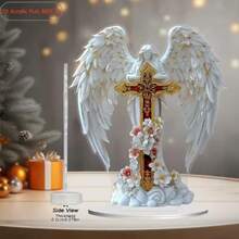 Centro de mesa decorativo plano 2D con formas de ángel y cruz de acrílico y acentos florales - Decoración navideña para el hogar, decoración de Halloween para el hogar, decoración de habitación de mujer - A - Ver 3