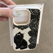 TPU Material Sweet Vintage Lace Black Cat Bow Pattern Phone Case Compatible With IPhone 17 Pro Max/17/16 Pro Max/15/13/12/11/ S20 FE/A15/S24/A55/ Note 11/Note 12/Note 13 Pro Full Coverage Anti-Drop Soft Shell Phone Protective Cover - White - View 4
