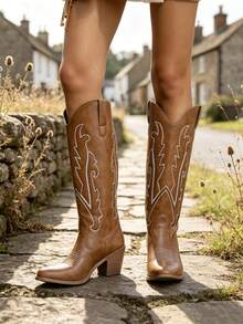 Brown Cowboy Boots Women Country British Vintage American Bohemian Style Chunky Heel Embroidered Slip-On Western Tall Boots For Music Festival, Party, Travel Essential - Brown - View 7