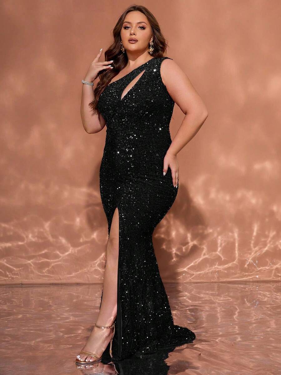 Women's Plus Size Sequin Long Asymmetrical Neckline Cutout Sexy High Slit Design Extra Long Party Evening Gown - Black - View 1