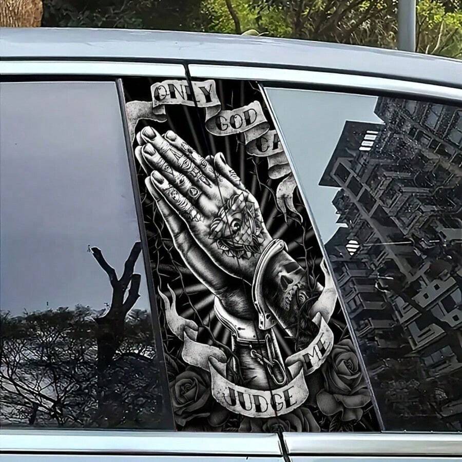 2件組 Only God Can Judge Me 祈禱之手圖案汽車B柱貼紙，復古紋身風格車輛中柱裝飾貼紙，自黏式汽車外觀改裝配件 - 汽車貼紙 - 查看 1