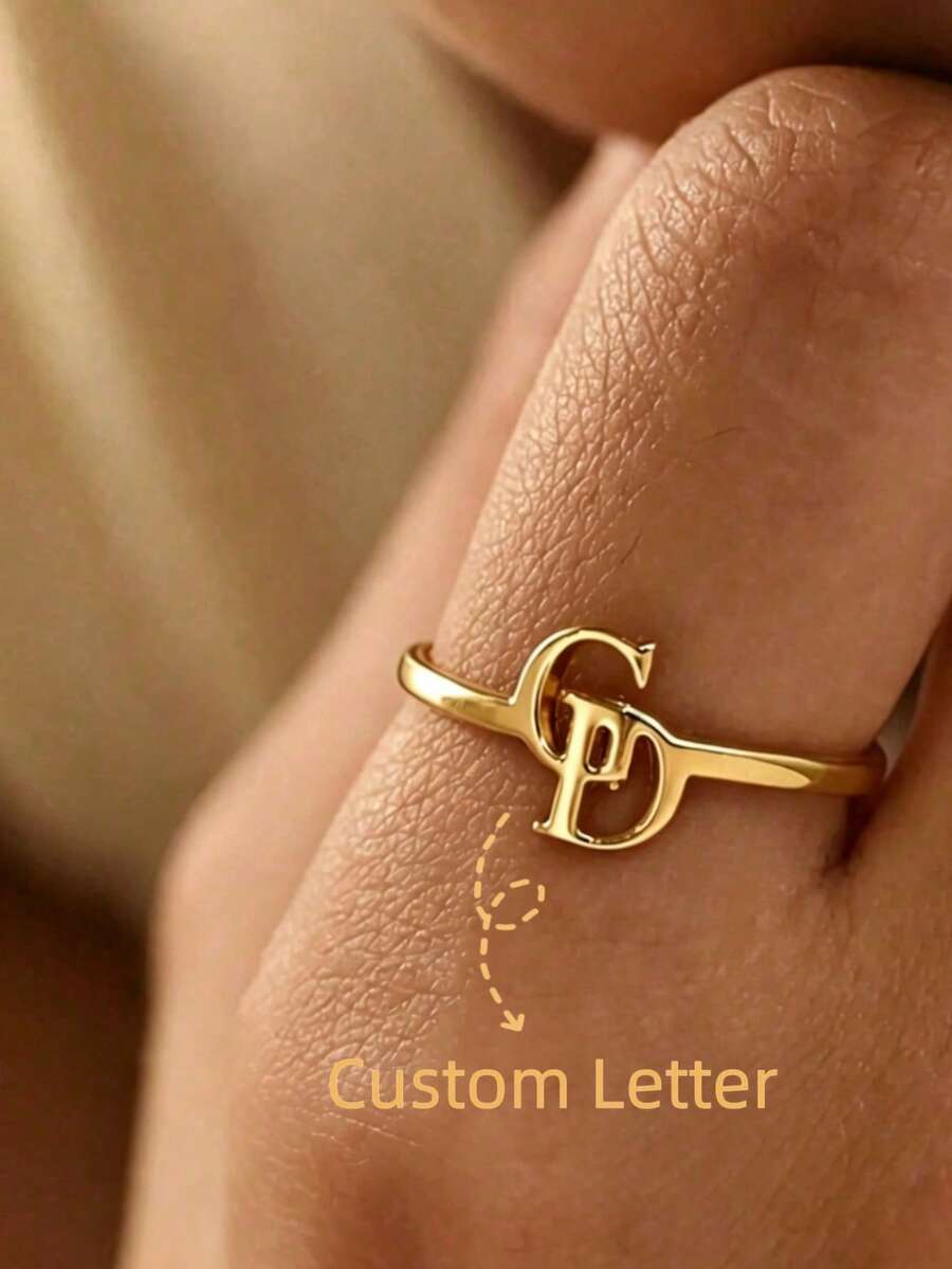 Customized Double Letter Ring, Personalized Exquisite Couple Name Initial Open Ring, 304 Stainless Steel Adjustable Name Ring, Fashion Wedding Accessory, Ideal Gift For Her, Anniversary, Valentine's Day, Mother's Day, Birthday Party Gothic Gift, Summer Beach Vacation Gift - Multicolor - View 1