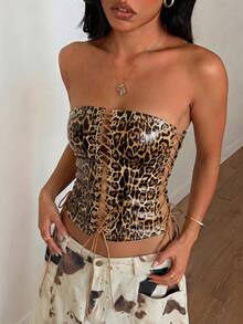 Whisplicity Sexy Spaghetti Strap Ruffle Hem Crop Top, Suitable For Beach Vacation Casual - Camel - View 4