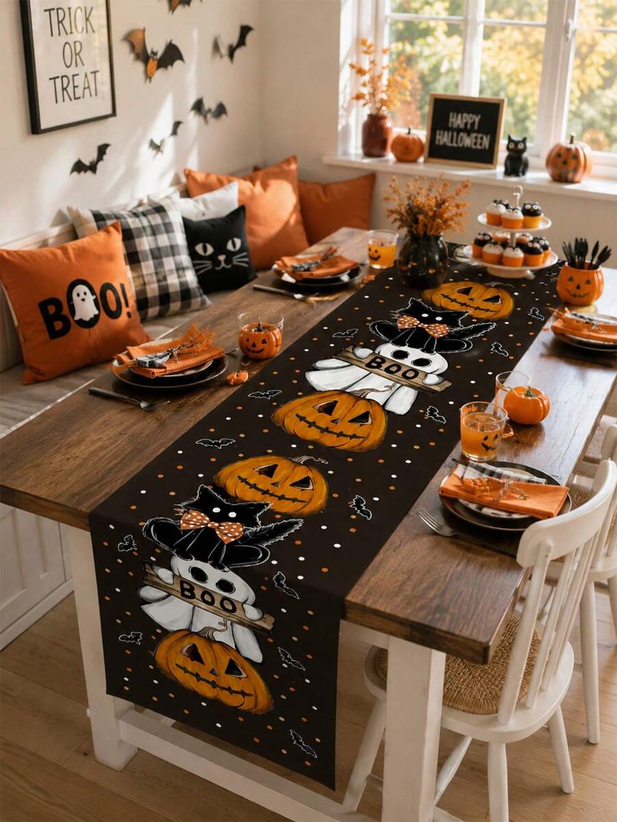 Cute Ghost Cat Holding Boo Brand Linen Table Flag, Black And Orange ...