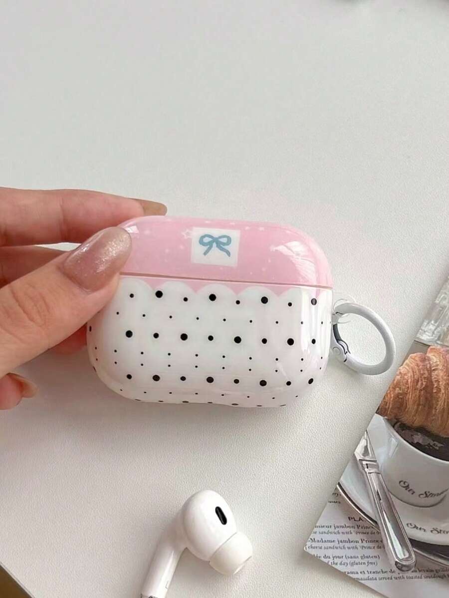 1pc Wavy Glossy Earbud Case, Pink White Two-Tone Polka Dot & Light Blue Bow Print, White Spring Ring Clasp, Soft TPU Full-Wrap Shockproof Protective Cover Compatible With AirPods41,2,3,4,Pro,Pro2,Pro3 - Multicolor - View 1