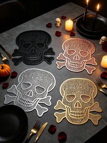 1/4/6/12pcs Halloween Skull PVC Gold Foil Placemats, Hotel Restaurant Decoration Heat-Resistant Non-Slip Table Mats, Western Style Table Mats For Weddings, Parties, Autumn Harvest Festival, Holiday Celebrations, Picnics, Camping, Birthday Banquet Table Decor - Multicolor - View 1