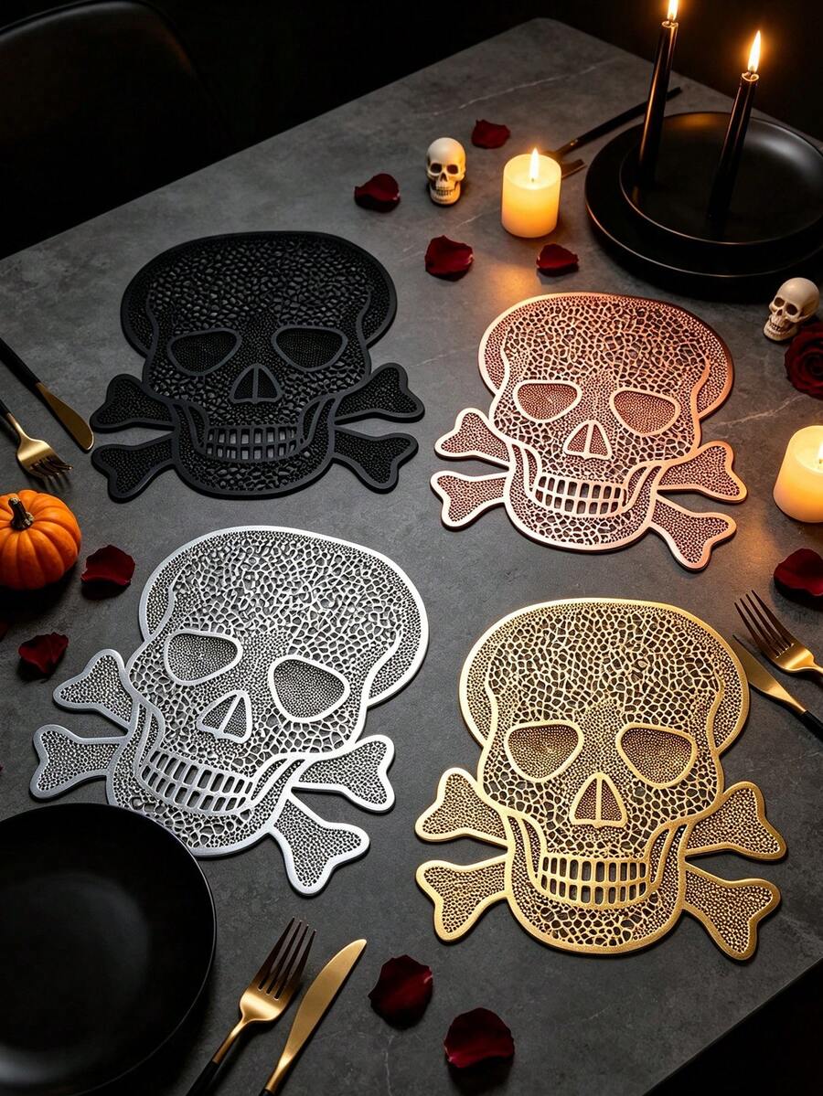 1/4/6/12pcs Halloween Skull PVC Gold Foil Placemats, Hotel Restaurant Decoration Heat-Resistant Non-Slip Table Mats, Western Style Table Mats For Weddings, Parties, Autumn Harvest Festival, Holiday Celebrations, Picnics, Camping, Birthday Banquet Table Decor - Multicolor - View 1