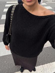 Yuu Plus Size Women's Chunky Knit Sweater, Minimalist Black Slimming Belly-Flattering Multi-Functional Fall - Black - View 5