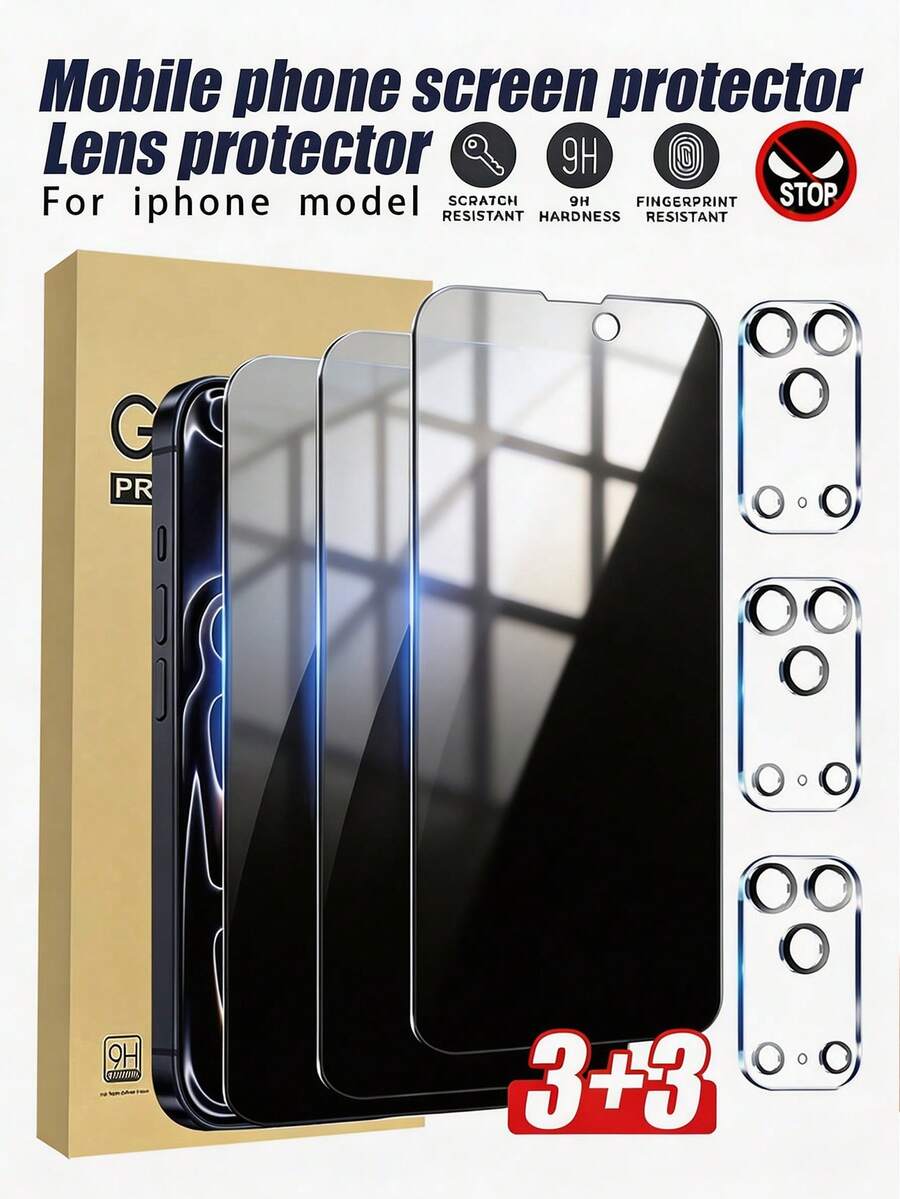 6in1, 3pcs Anti-Peeping Tempered Glass Screen Protector + 3pcs Camera Lens Protector, 9H High Hardness Full Coverage Adhesive Screen Glass, Fearless Of Bumps And Drops, Auto-Adsorption Technology For Tighter Fit, Rounded Edge Dust-Proof Design To Block Dust Interference, Compatible With IPhone 17 Pro Max/17 Pro/17Air/17e/17/16 Pro Max/16 Pro/16 Plus/16/15 Pro Max/15 Pro/15 Plus/15/14/13/12/11 And Other Models.