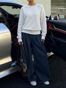 女款寬鬆圓領長袖運動衫，適合日常穿著，羅紋針織套頭衫，打造街頭時尚造型 - 淺灰色 - 查看 5