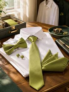 4pcs Set Dark Green Textured Men's Tie, Bow Tie, Cufflinks, Pocket Square Full Set For Banquet Suit Accessories - Black - View 7
