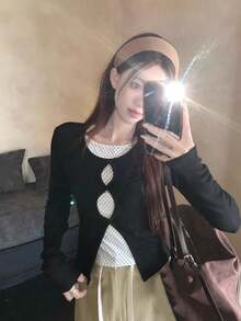 French Style 2 In 1 Hollow Polka Dot Long Sleeve T-Shirt, Autumn New High-End Slim Fit Versatile Top - Black - View 4