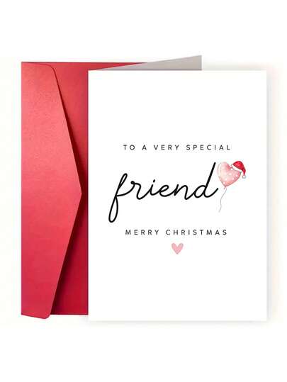 1pc Christmas Greeting Card For Friend, Merry Christmas Holiday Card, Cute Heart Balloon Christmas Card, Best Friend Greeting Card, Minimalist Xmas Gift Card