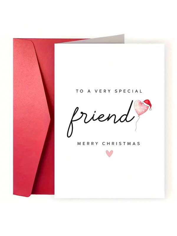 1pc Christmas Greeting Card For Friend, Merry Christmas Holiday Card, Cute Heart Balloon Christmas Card, Best Friend Greeting Card, Minimalist Xmas Gift Card