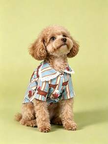 1pc Striped Lace Dog Pajamas, Cute Casual Fashion Pet Shirt With Buttons, Suitable For Small And Medium Dogs And Cats For Indoor And Outdoor Wear - Blue and White - View 4