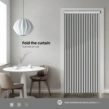 1PC Magnetic Folding Door Curtain, With Hanging Rings And Magnetic Closure, Beige And Grey Colors Available, Suitable For Living Room, Bedroom And Kitchen Space Partitioning, As Well As Room Decoration. - Door Curtain - View 6