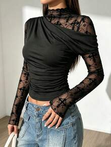 Autumn/Winter Pure Black Cross Pattern Lace Mesh Patchwork Asymmetrical Shoulder Long Sleeve Cropped Women's Top T-Shirt Slim - Black - View 3