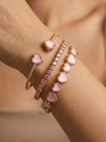 rakol 3pcs Cute Sweet Cool Style Pink Heart Zirconia Stackable Bracelet Set, Suitable For Gifting To Best Friends And Wearing At Social Parties - Style 1 - View 1