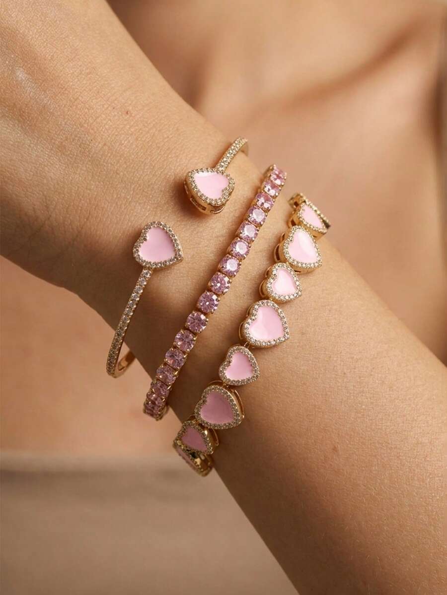 rakol 3pcs Cute Sweet Cool Style Pink Heart Zirconia Stackable Bracelet Set, Suitable For Gifting To Best Friends And Wearing At Social Parties - Style 1 - View 1