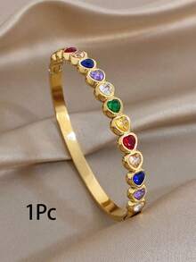 1Pc/Set Luxury Elegant Heart Multi Color Zirconia Bangle Round Gold Bead Bracelet,Dainty Gold Jewelry For Women,Party,Daily,Christmas, Valentine/Y2K - Multicolor - View 12