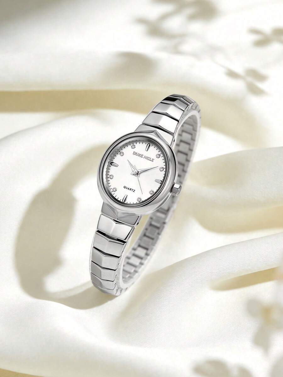 1 PC Water Droplet Small Round Women's Quartz Watch, Alloy Case, Angular Alloy Strap, Gold And Silver Dual Color Gentle Temperament Women's Watch - Silver - View 1