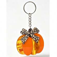 Cute Leopard Print Bow Pumpkin Acrylic Keychain, Autumn Halloween Bag Charm, Fashion Women Car Key Ring Accessory - Multicolor - View 3